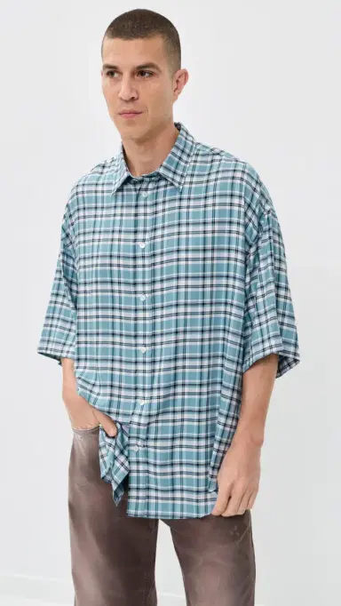 Acne Studios Setar Fluid Check Flannel Shirt Turquoise/Blue/White | Thumbnail 2