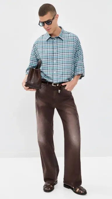 Acne Studios Setar Fluid Check Flannel Shirt Turquoise/Blue/White | Thumbnail 5