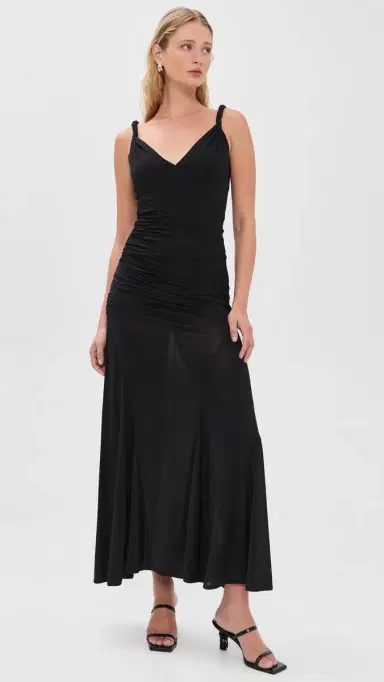 Alice + Olivia Bianca Twist Strap Asymmetrical Godet Midi Dress Black 0 | Thumbnail 2
