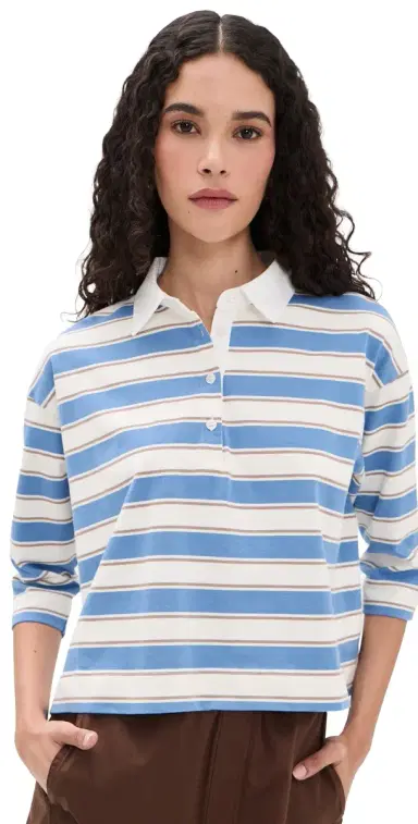 perfectwhitetee Daria Cotton Rugby Shirt Pacific Blue Stripe | Thumbnail 1