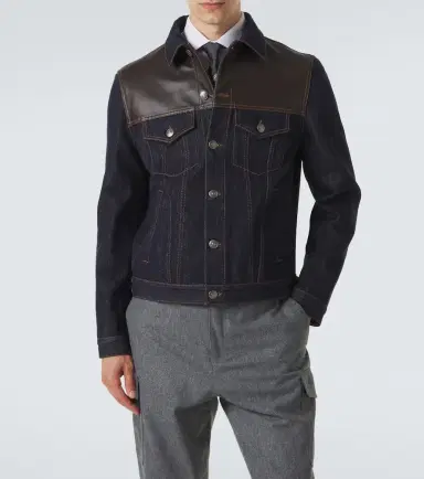 Brunello Cucinelli Leather-trimmed denim jacket | Thumbnail 2