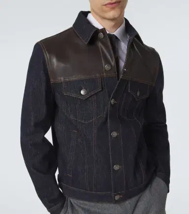 Brunello Cucinelli Leather-trimmed denim jacket | Thumbnail 3