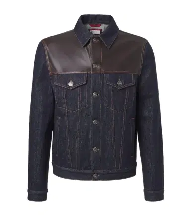 Brunello Cucinelli Leather-trimmed denim jacket | Thumbnail 1