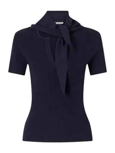 Max Mara Tie-detailed Ribbed Jersey T-shirt | Thumbnail 1 Max Mara Tie-detailed Ribbed Jersey T-shirt | Thumbnail 1