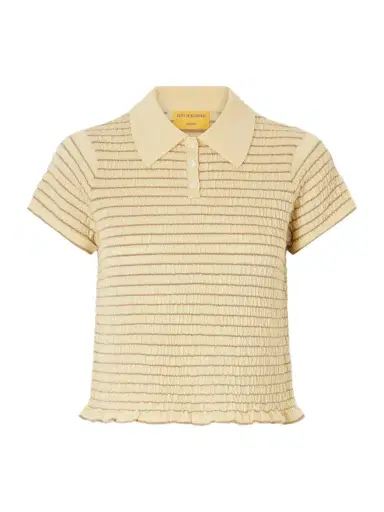 Guest In Residence Smocked Ruffled Striped Cashmere-blend Polo Sweater | Thumbnail 1 Guest In Residence Smocked Ruffled Striped Cashmere-blend Polo Sweater | Thumbnail 1