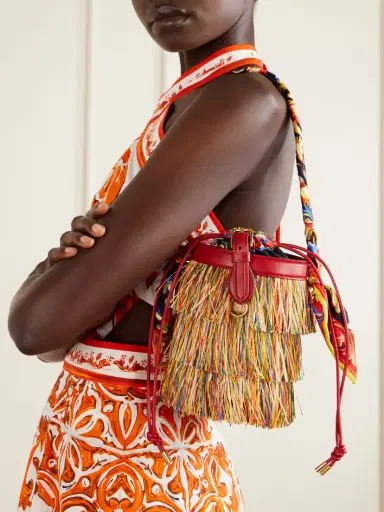 Dolce & Gabbana Capri Fringed Leather And Twill-trimmed Raffia Bucket Bag | Thumbnail 2 Dolce & Gabbana Capri Fringed Leather And Twill-trimmed Raffia Bucket Bag | Thumbnail 2