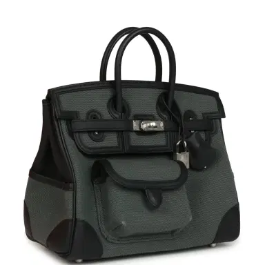 HERMÈS Hermes Birkin 25 Cargo Vert Mangrove Toile Goeland and Black Swift Palladium Hardware | Thumbnail 2