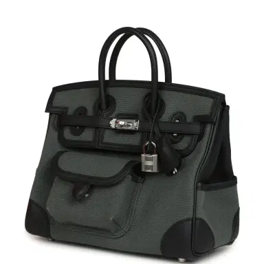 HERMÈS Hermes Birkin 25 Cargo Vert Mangrove Toile Goeland and Black Swift Palladium Hardware | Thumbnail 5