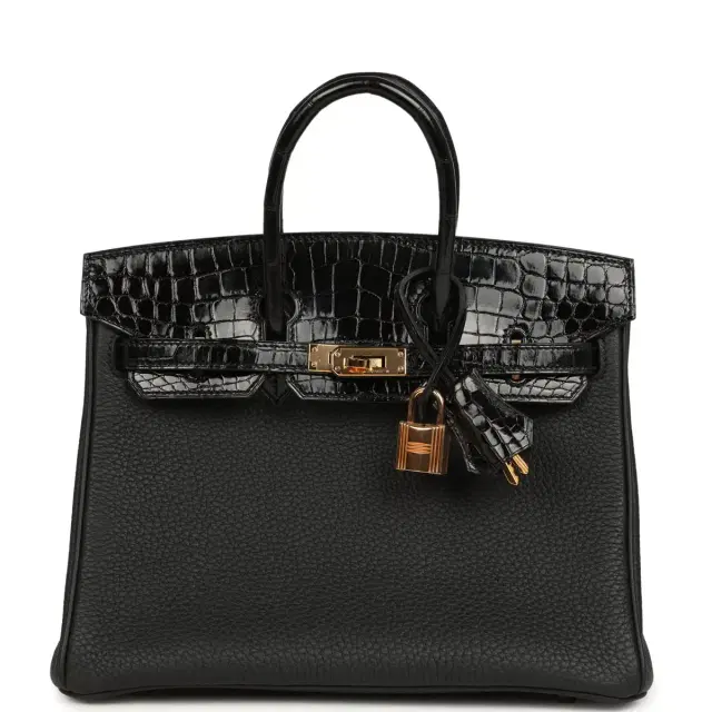 hermes Pre-owned Hermes Birkin 25 Touch Black Togo and Shiny Niloticus Crocodile Touch Rose Gold Hardware
