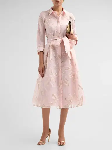 Teri Jon by Rickie Freeman Women's Metallic Jacquard Organza Midi Shirtdress - Blush Gold | Thumbnail 2