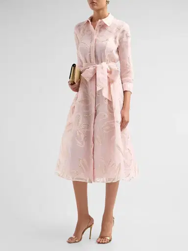 Teri Jon by Rickie Freeman Women's Metallic Jacquard Organza Midi Shirtdress - Blush Gold | Thumbnail 4
