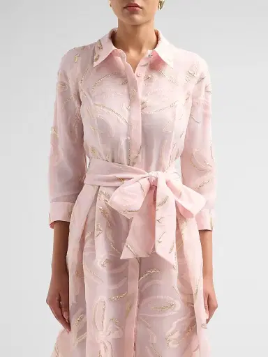 Teri Jon by Rickie Freeman Women's Metallic Jacquard Organza Midi Shirtdress - Blush Gold | Thumbnail 5
