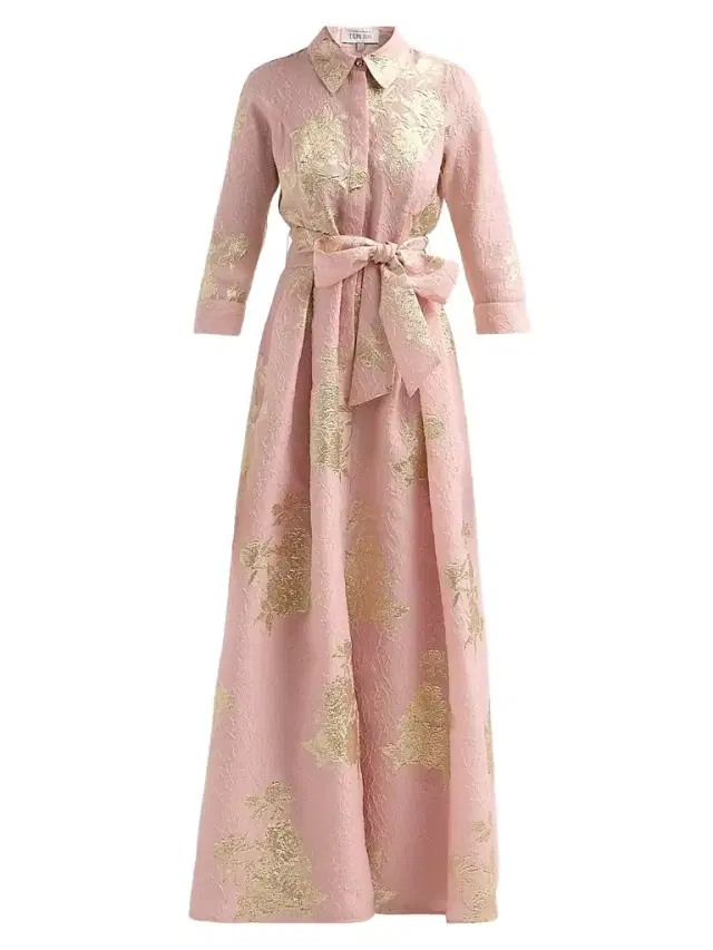 Teri Jon by Rickie Freeman Women's Metallic Floral Jacquard Shirtwaist Gown - Pink Gold