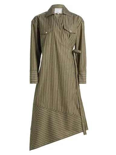 3.1 Phillip Lim Women's Asymmetric Striped Poplin Wrap Shirtdress - Olive Multi - Size Medium | Thumbnail 1