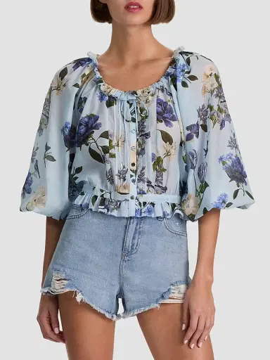 Alice + Olivia Women's McLaine Floral Cotton-Silk Crop Blouse | Thumbnail 3