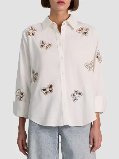 Alice + Olivia Women's Finely Embellished Button-Front Shirt - Off White Silver Crystal - Size XL | Thumbnail 3 Alice + Olivia Women's Finely Embellished Button-Front Shirt - Off White Silver Crystal - Size XL | Thumbnail 3
