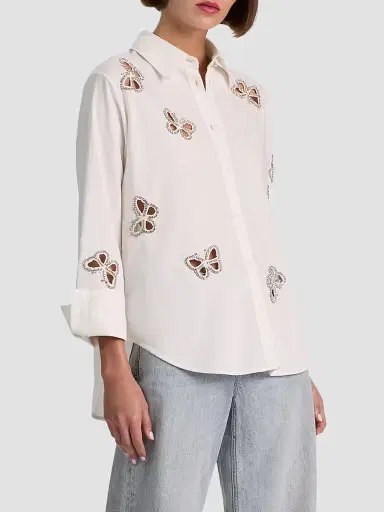 Alice + Olivia Women's Finely Embellished Button-Front Shirt - Off White Silver Crystal - Size XL | Thumbnail 4 Alice + Olivia Women's Finely Embellished Button-Front Shirt - Off White Silver Crystal - Size XL | Thumbnail 4