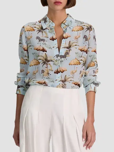 Alice + Olivia Women's Willa Staceface Silk Button-Front Top - Untamed - Size XL | Thumbnail 3