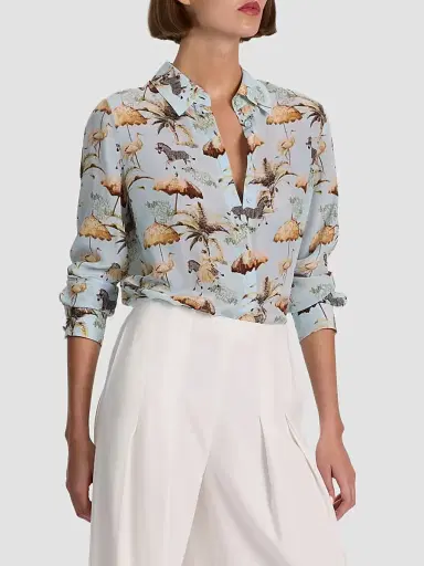 Alice + Olivia Women's Willa Staceface Silk Button-Front Top - Untamed - Size XL | Thumbnail 4