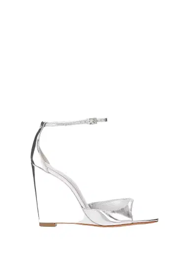 Schutz Women's Scarlett 100MM Leather Wedge Sandals - Silver | Thumbnail 1 Schutz Women's Scarlett 100MM Leather Wedge Sandals - Silver | Thumbnail 1