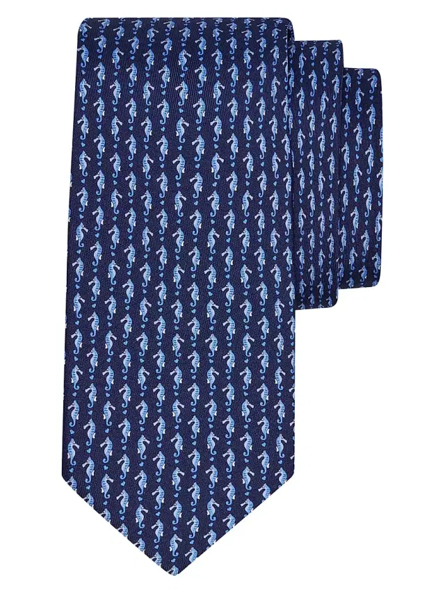 FERRAGAMO Men's Seahorse and Mini Hearts Silk Tie - Navy