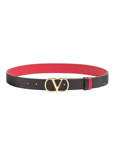 Valentino Garavani Women's VLogo Signature Reversible Shiny Calfskin Belt - Black Pure Red - Size XS | Thumbnail 1
