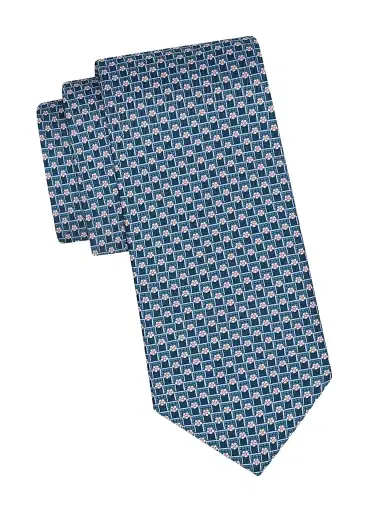 Ferragamo Men's Tournament Print Silk Tie - Verde Bottiglia | Thumbnail 1