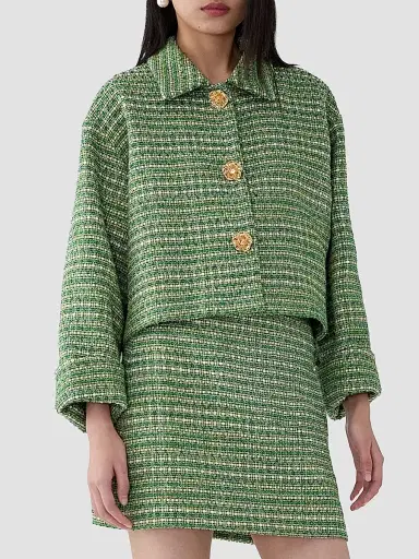 Carolina Herrera Women's Boxy Cotton-Blend Crop Jacket - Green Multi | Thumbnail 3