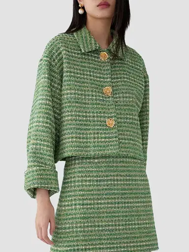 Carolina Herrera Women's Boxy Cotton-Blend Crop Jacket - Green Multi | Thumbnail 4