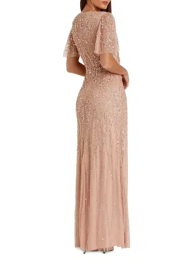 Mac Duggal Women's Petite Embellished Tulle Surplice Column Gown - Beige Petite 14 | Thumbnail 2