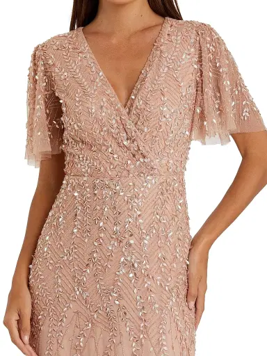 Mac Duggal Women's Petite Embellished Tulle Surplice Column Gown - Beige Petite 14 | Thumbnail 3