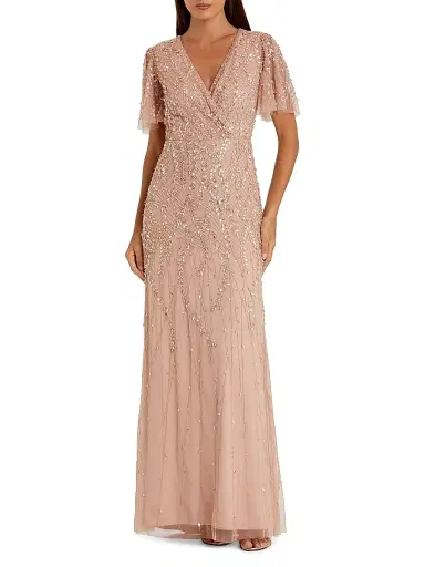 Mac Duggal Women's Petite Embellished Tulle Surplice Column Gown - Beige Petite 14 | Thumbnail 1