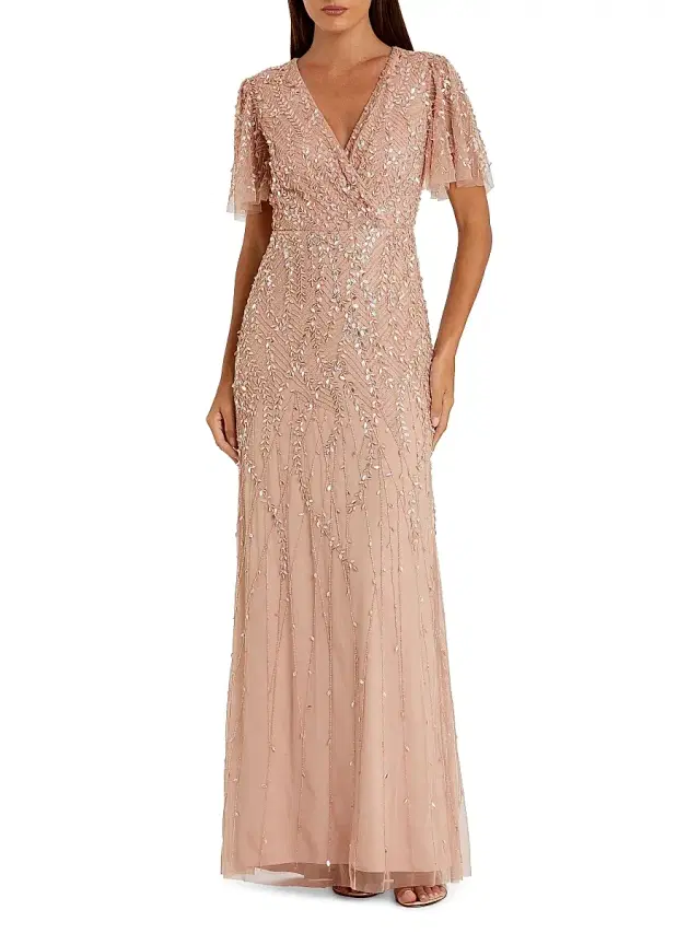 Mac Duggal Women's Petite Embellished Tulle Surplice Column Gown - Beige Petite 12