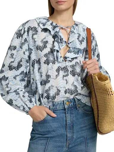 Ulla Johnson Women's Siena Snakeskin-Printed Cotton-Blend Top - Ciel | Thumbnail 6
