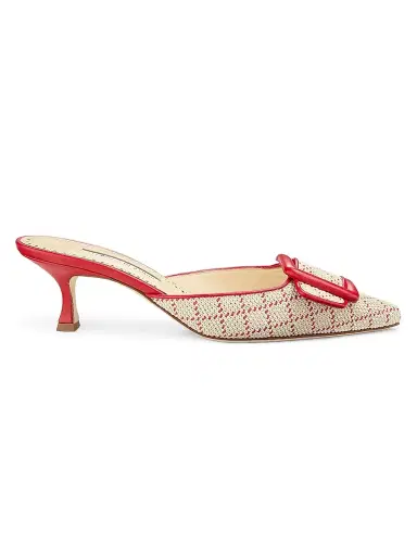 Manolo Blahnik Women's Maysalebi 50MM Buckled Mules - Red White | Thumbnail 1 Manolo Blahnik Women's Maysalebi 50MM Buckled Mules - Red White | Thumbnail 1