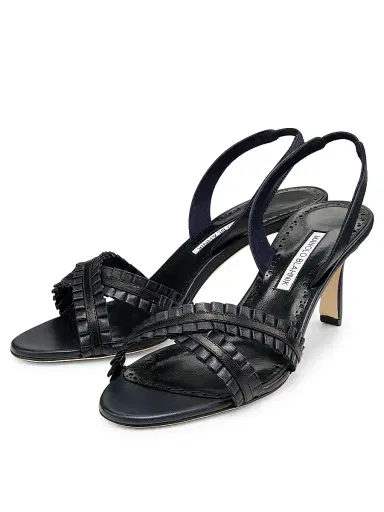 Manolo Blahnik Women's Volusan 70MM Leather Slanted-Heel Sandals - Navy Black - Size 12 | Thumbnail 3