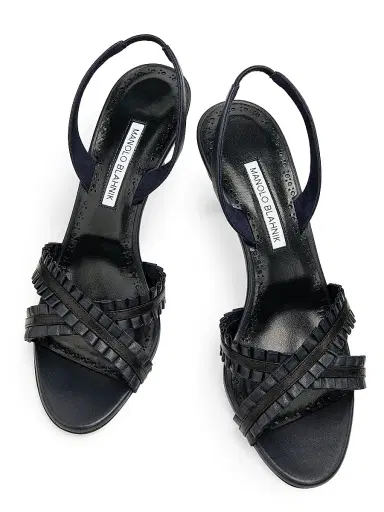Manolo Blahnik Women's Volusan 70MM Leather Slanted-Heel Sandals - Navy Black - Size 12 | Thumbnail 5