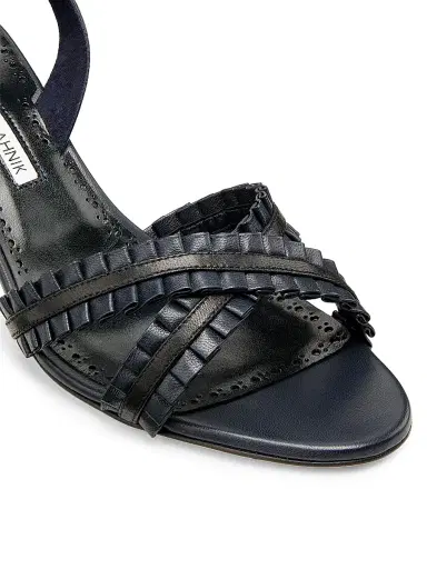 Manolo Blahnik Women's Volusan 70MM Leather Slanted-Heel Sandals - Navy Black - Size 12 | Thumbnail 6