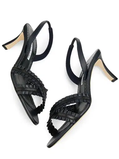 Manolo Blahnik Women's Volusan 70MM Leather Slanted-Heel Sandals - Navy Black - Size 12 | Thumbnail 7