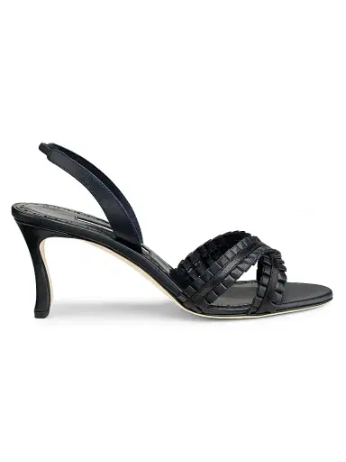 Manolo Blahnik Women's Volusan 70MM Leather Slanted-Heel Sandals - Navy Black - Size 12 | Thumbnail 1