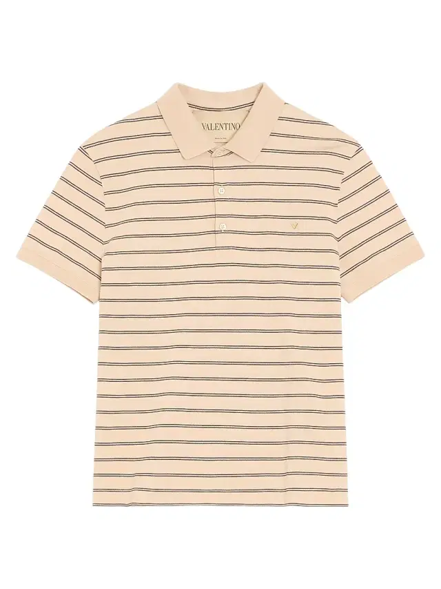 Valentino Garavani Men's Cotton Piqué Polo Shirt with VGold Stripes - Beige Navy