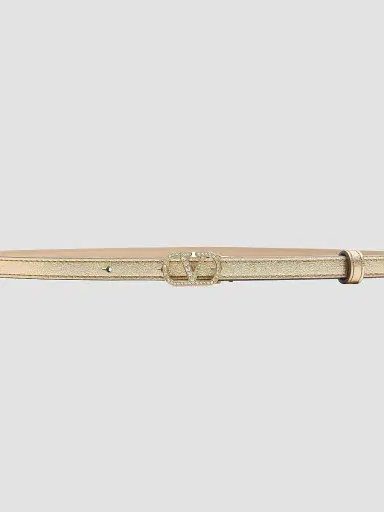 Valentino Garavani Women's VLogo Signature Belt in Laminated Calfskin with Crystals, 10MM - Gold Crystal - Size XS | Thumbnail 3