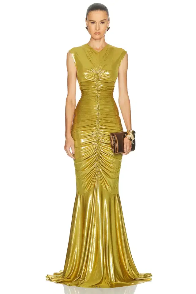Norma Kamali Sleeveless V Neck Shirred Front Fishtail Gown