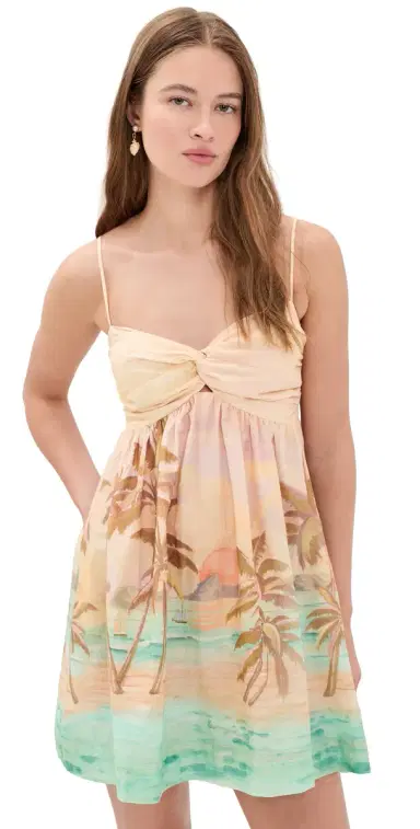 Dress To Beige Tropical Ruched Neckline Mini Dress Beige Tropical | Thumbnail 1