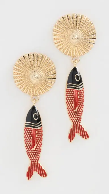 By Adina Eden Sun Disc Fish Drop Earrings Gold One Size | Thumbnail 2
