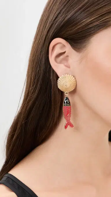 By Adina Eden Sun Disc Fish Drop Earrings Gold One Size | Thumbnail 3