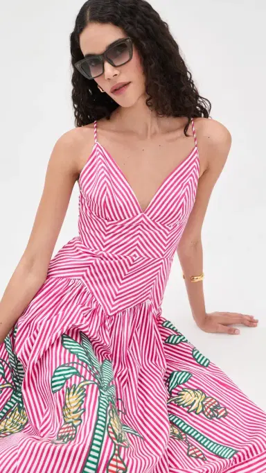 Farm Rio Palm Tree Cutwork Stripes Midi Dress Multi M | Thumbnail 2