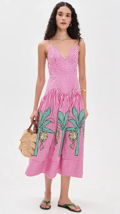 Farm Rio Palm Tree Cutwork Stripes Midi Dress Multi M | Thumbnail 3
