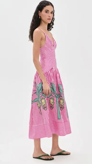 Farm Rio Palm Tree Cutwork Stripes Midi Dress Multi M | Thumbnail 5