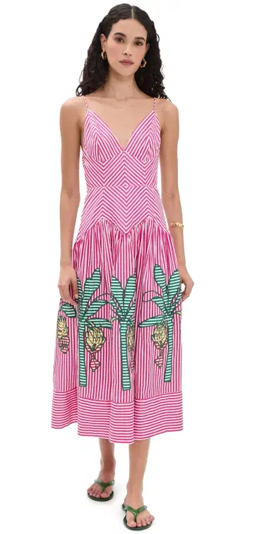 Farm Rio Palm Tree Cutwork Stripes Midi Dress Multi M | Thumbnail 1